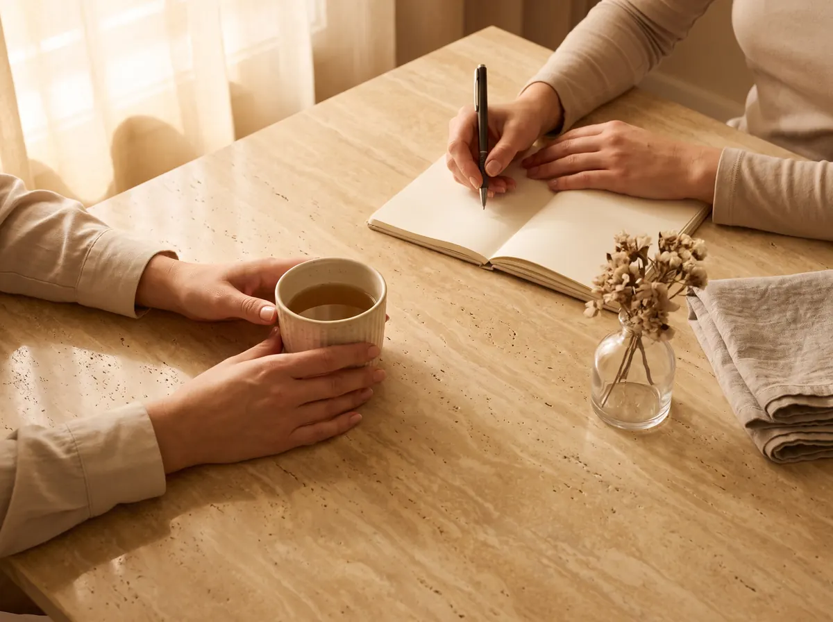 Il primo colloquio: le mani della cliente attorno a una tazza di tisana, l'estetista prende appunti (immagine provvisoria)