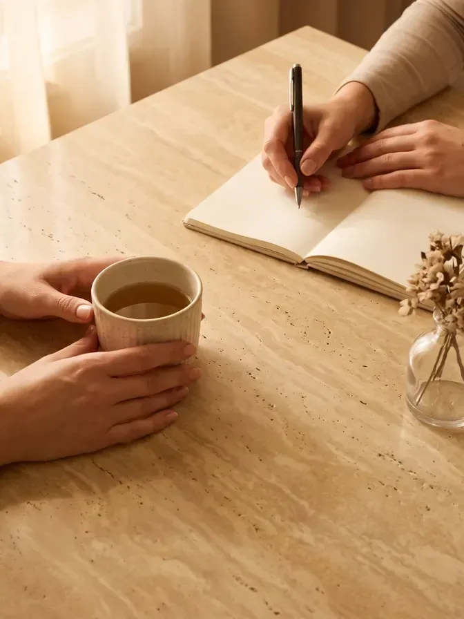 Il primo colloquio: le mani della cliente attorno a una tazza di tisana, l'estetista prende appunti (immagine provvisoria)